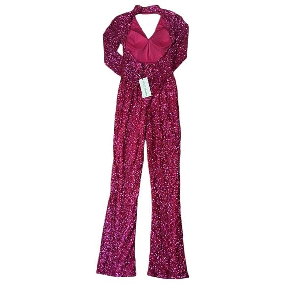 NWT Ashley Lauren V-Neck Open Back Choker Long Sleeve Sequin Fuchsia Jumpsuit 4 - Picture 6 of 8